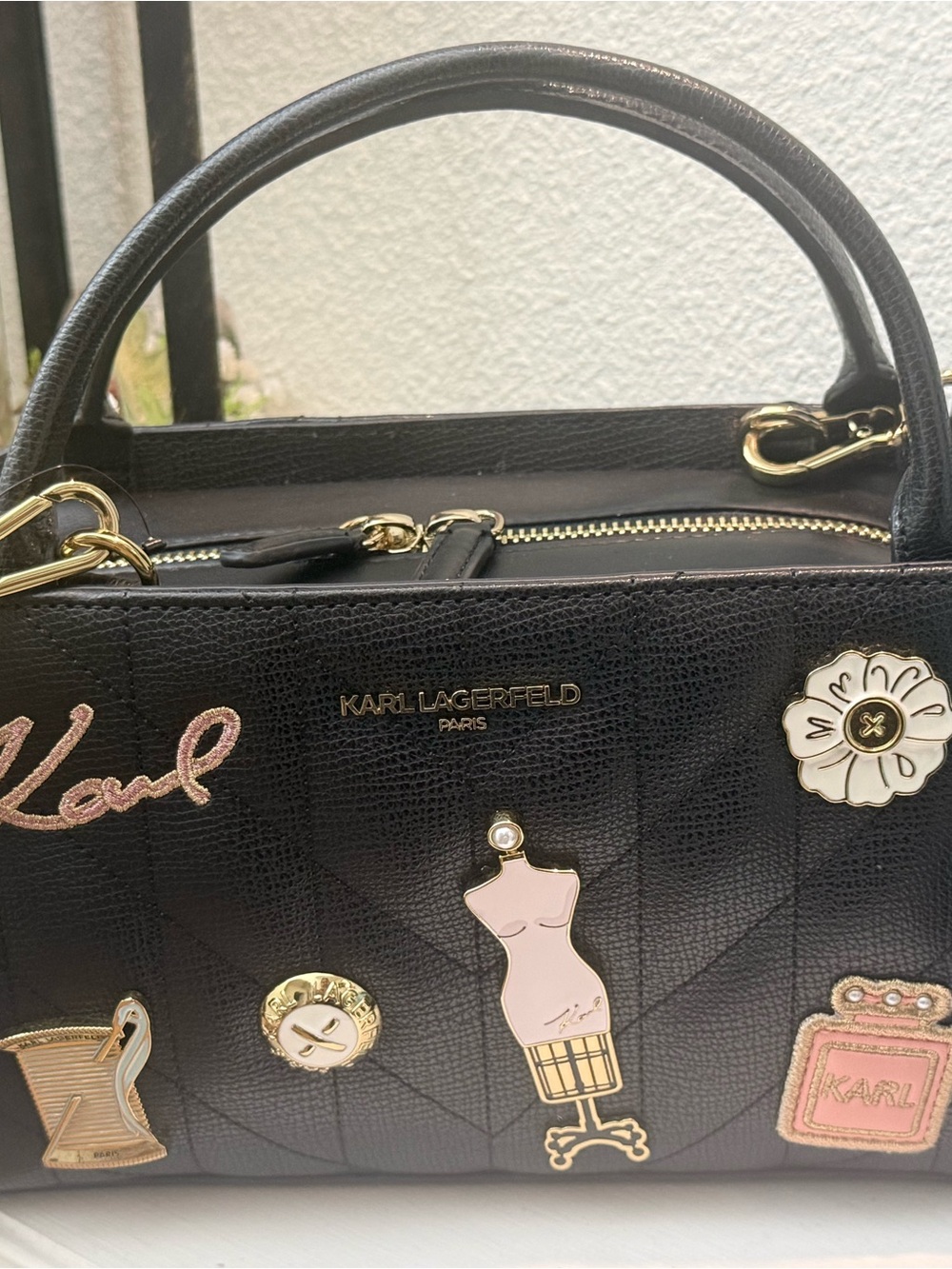Karl Lagerfeld Black Quilted Satchel with Pink and Gold Pins